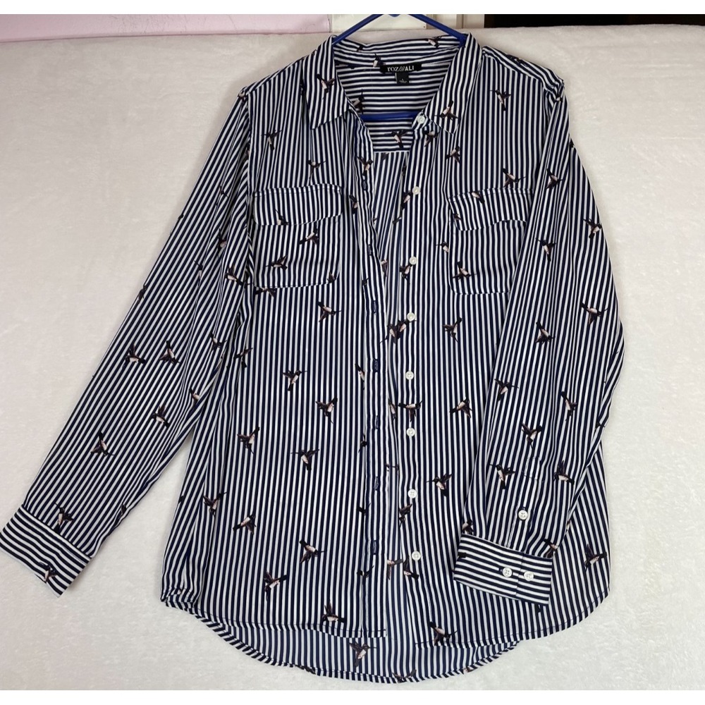 Roz & Ali Womens Large Button-Up Striped Blouse Hummingbird Print Blue Polyester